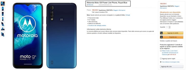 Motorola Moto G8 Power Lite (XT2055-1) prematurely listed at Amazon.it